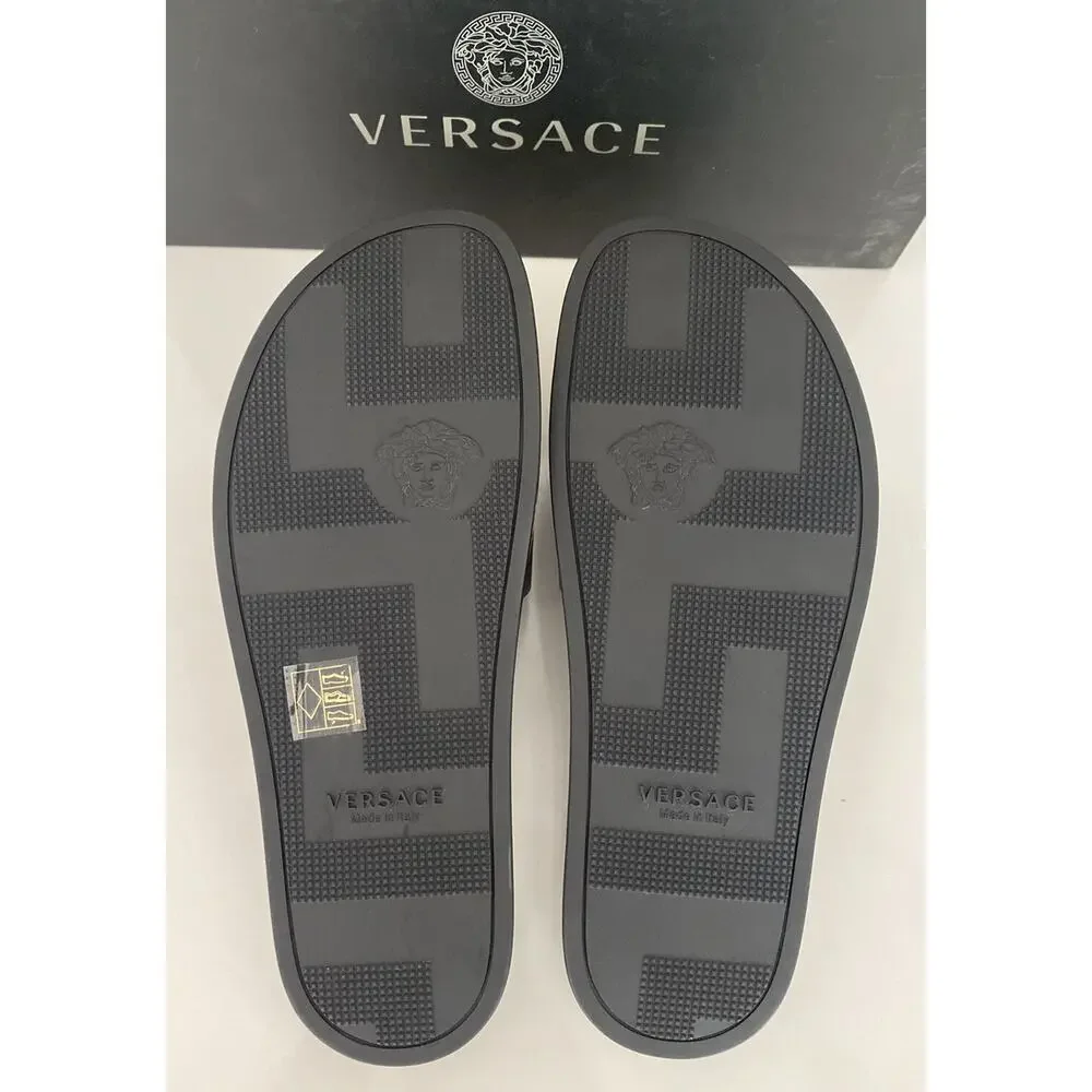 NIB $395 Versace Baroccoflage Slides Sandals Khaki 9 US (42 Euro) IT DSU6516